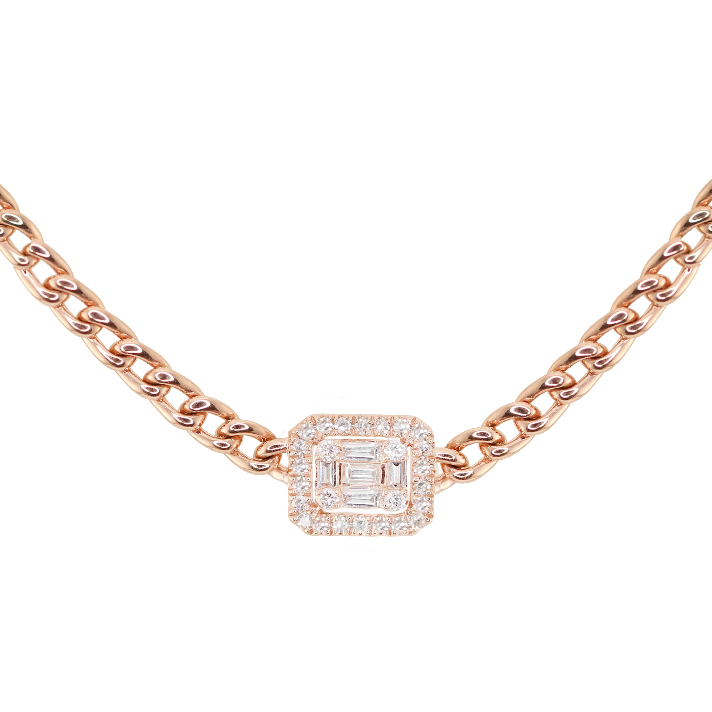 14kt rose gold baguette diamond chain necklace
