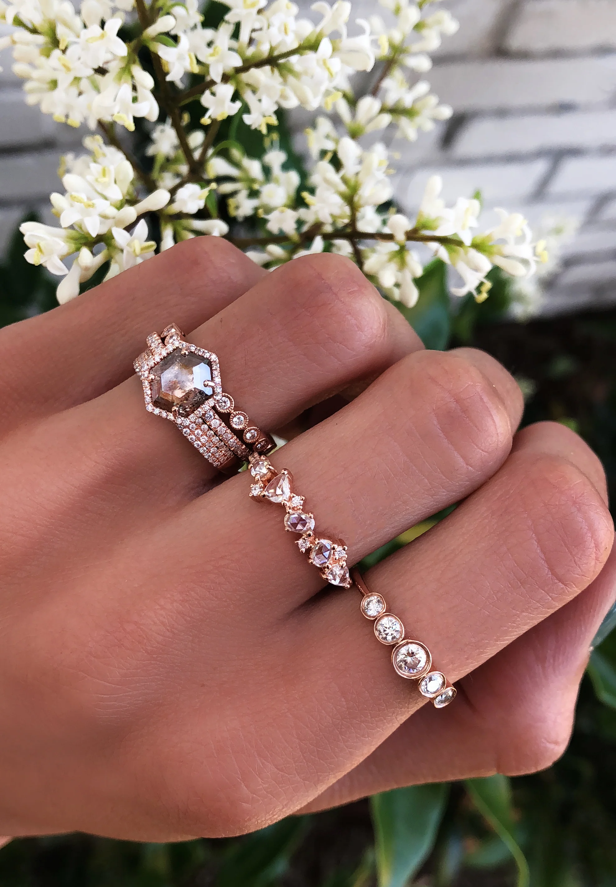 14kt gold brown diamond single band hex ring - Image 3