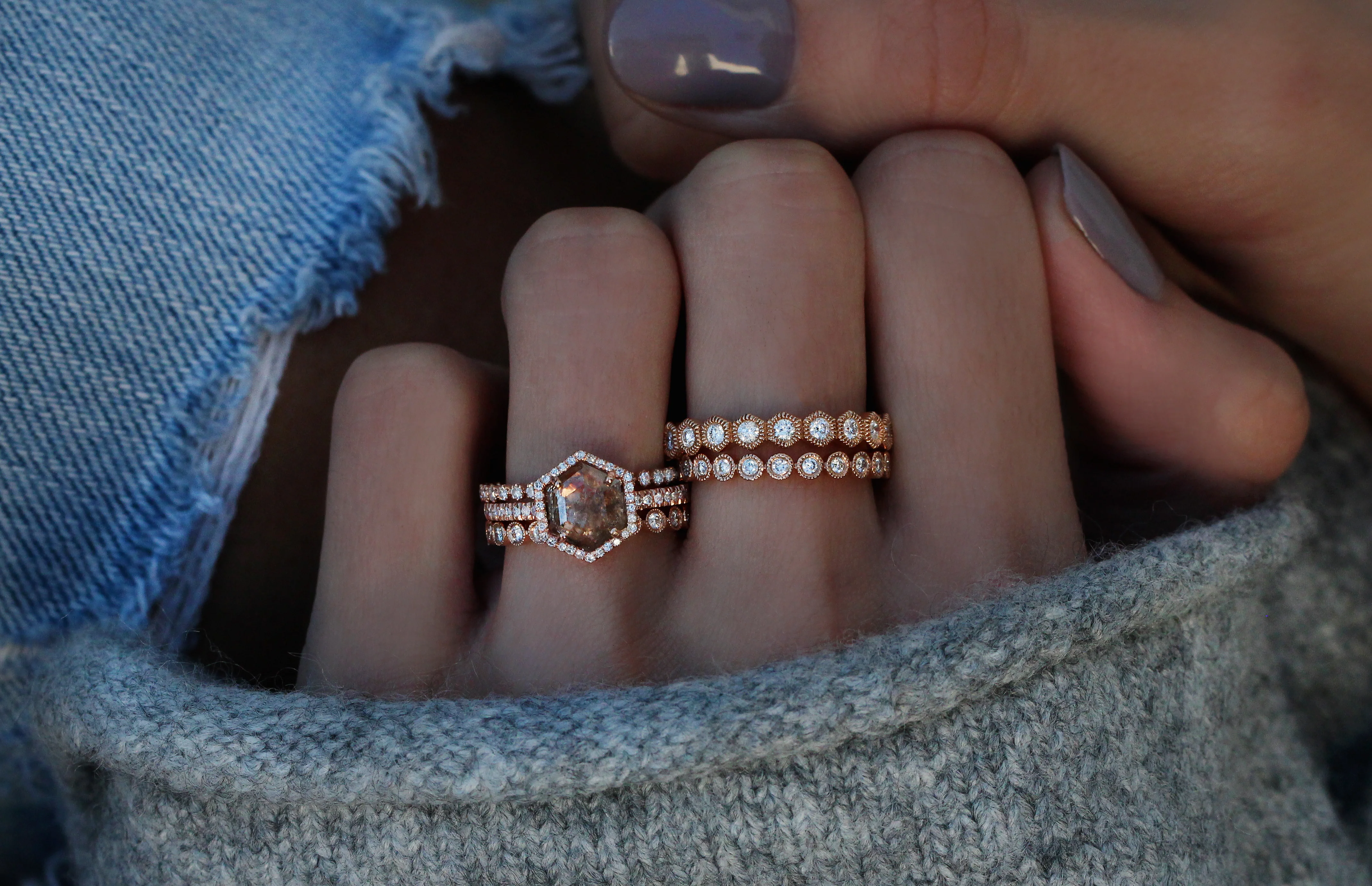 14kt gold brown diamond single band hex ring - Image 4