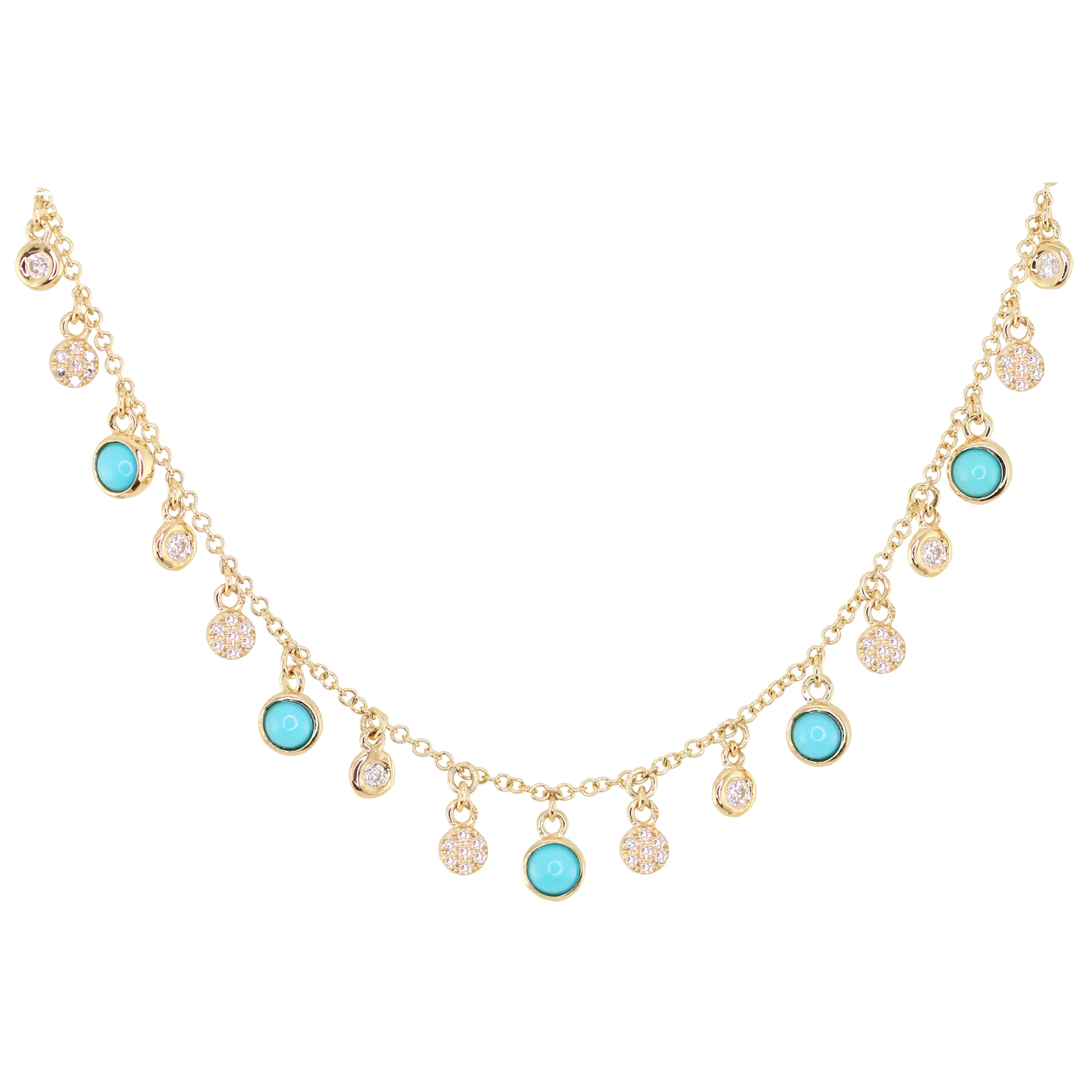 14kt yellow gold and diamond disk turquoise drip necklace