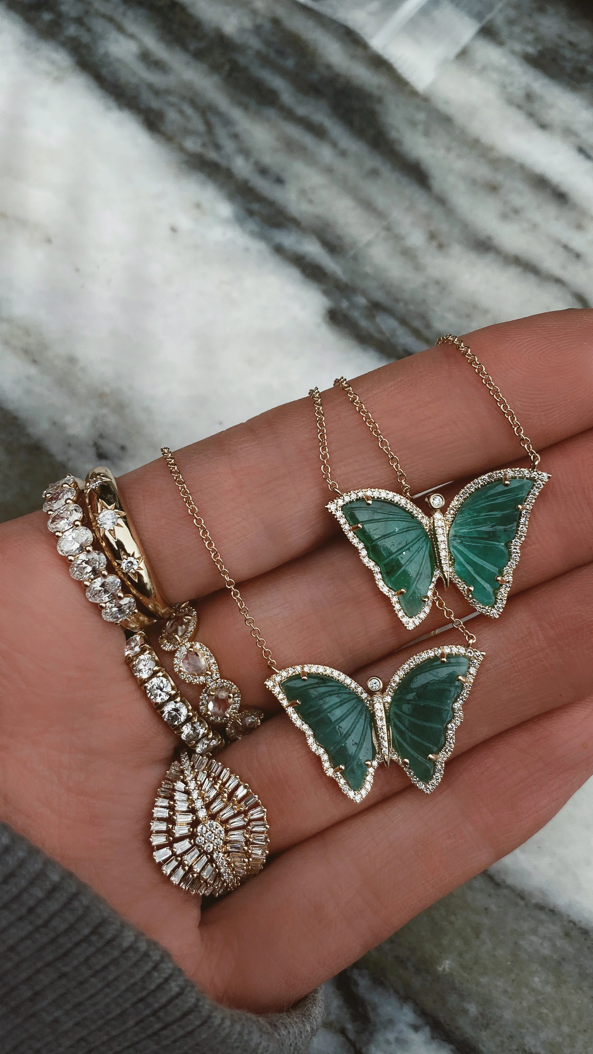 14kt yellow gold and diamond emerald baby butterfly necklace - Image 2