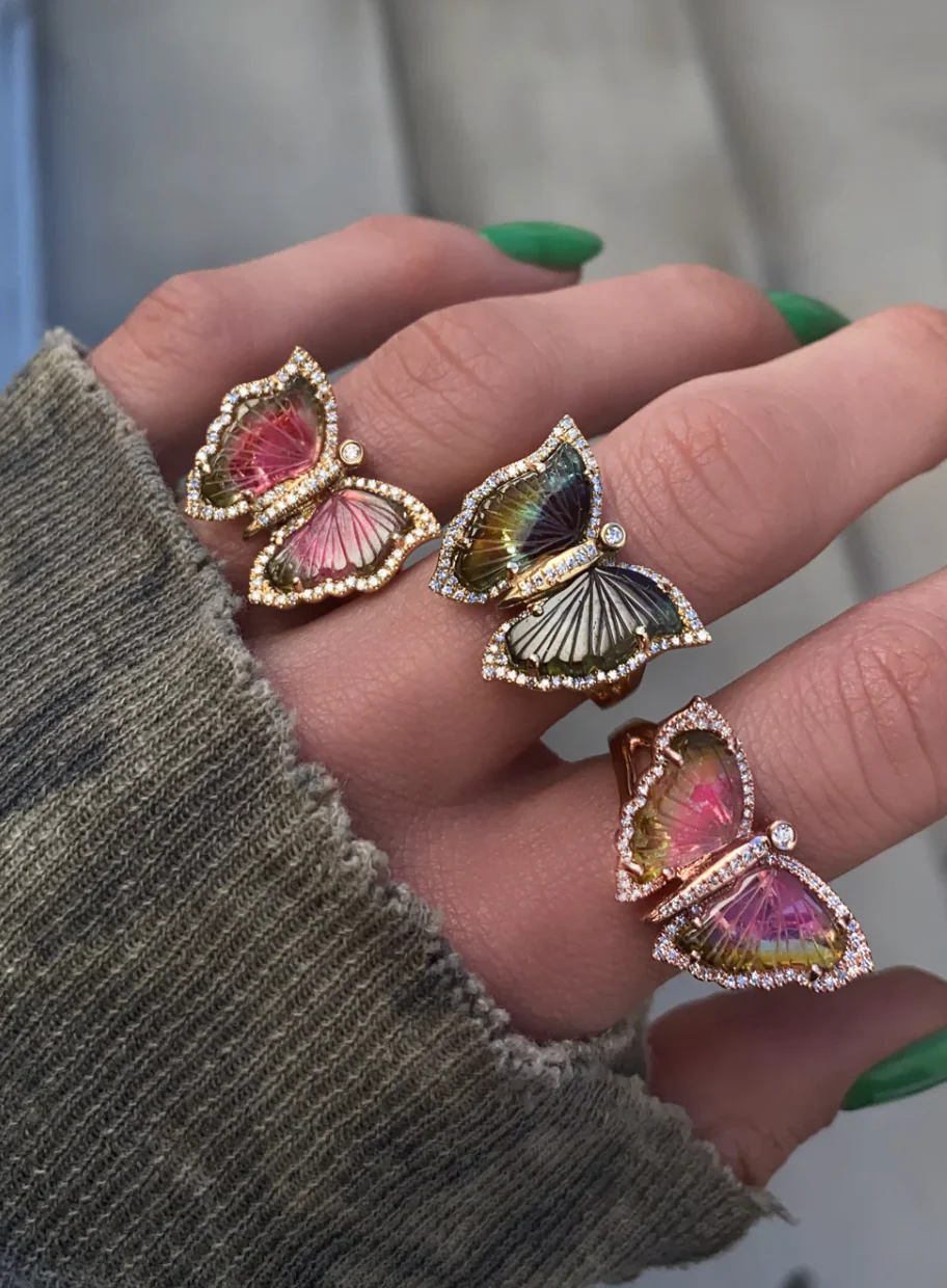 14kt gold and diamond green tourmaline butterfly ring - Image 2
