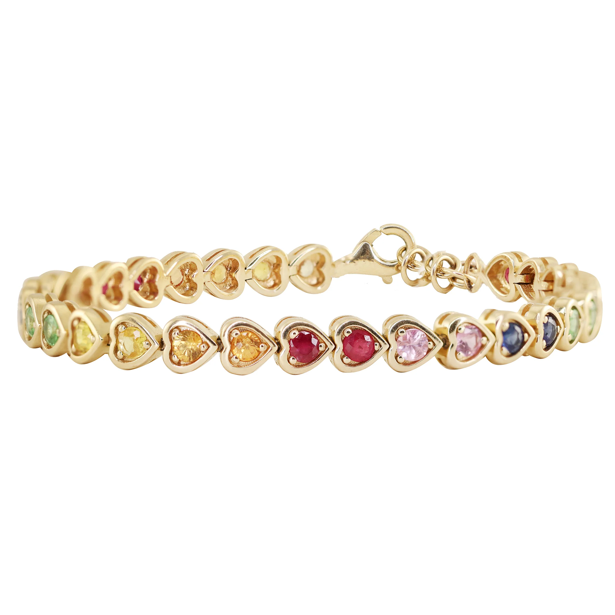14kt gold rainbow sapphire heart bezel tennis bracelet