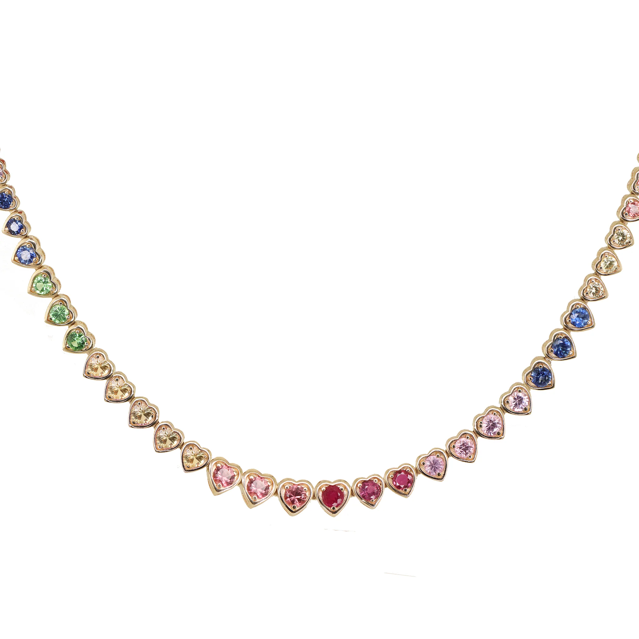 14kt gold rainbow sapphire heart bezel tennis necklace - Image 3
