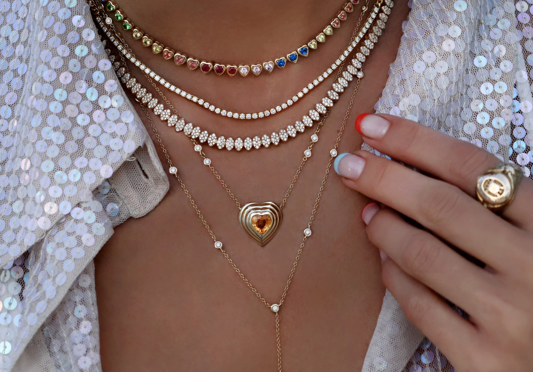 14kt gold rainbow sapphire heart bezel tennis necklace - Image 4