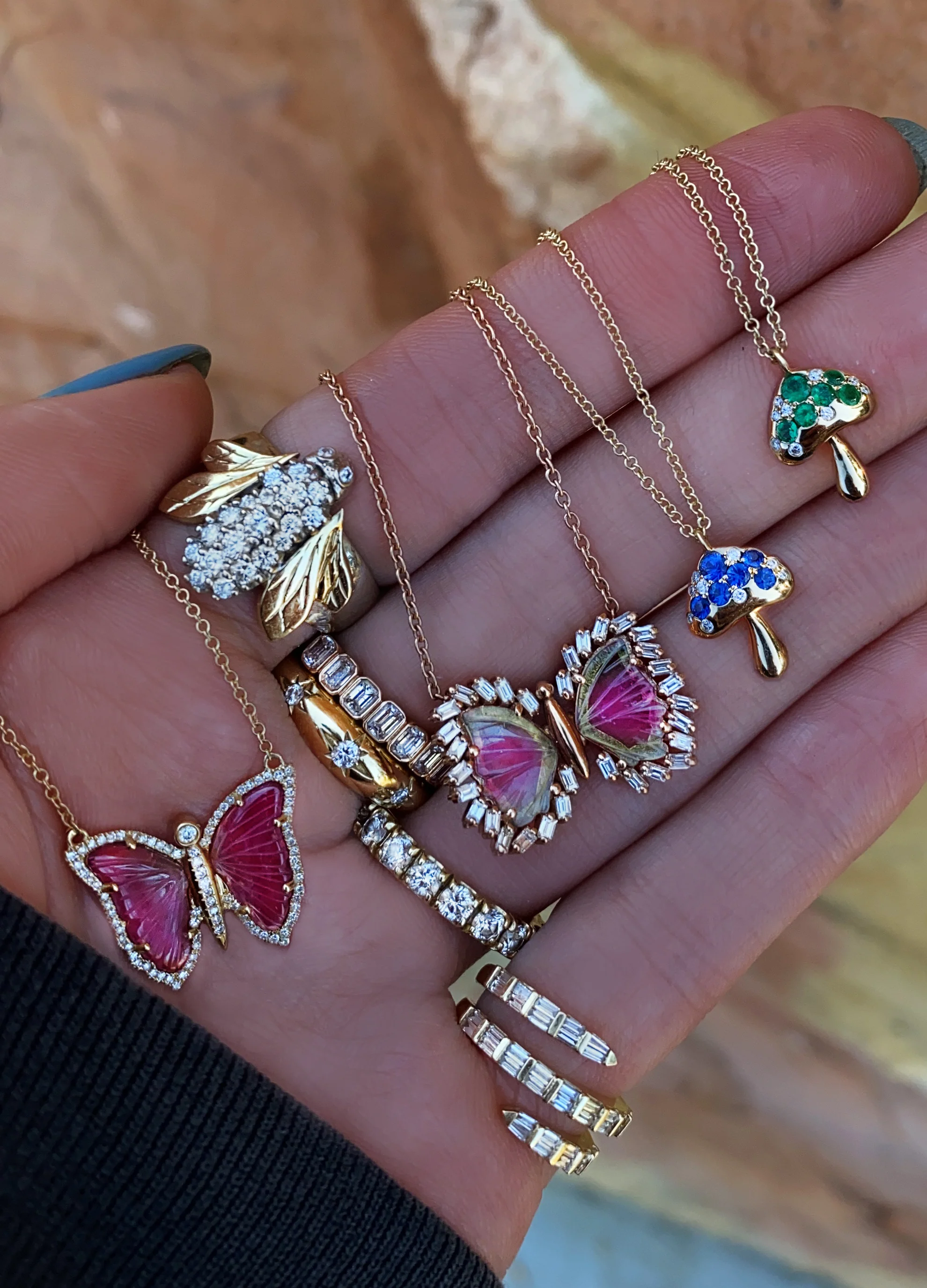 14kt gold baguette diamond baby watermelon tourmaline butterfly necklace - Image 2