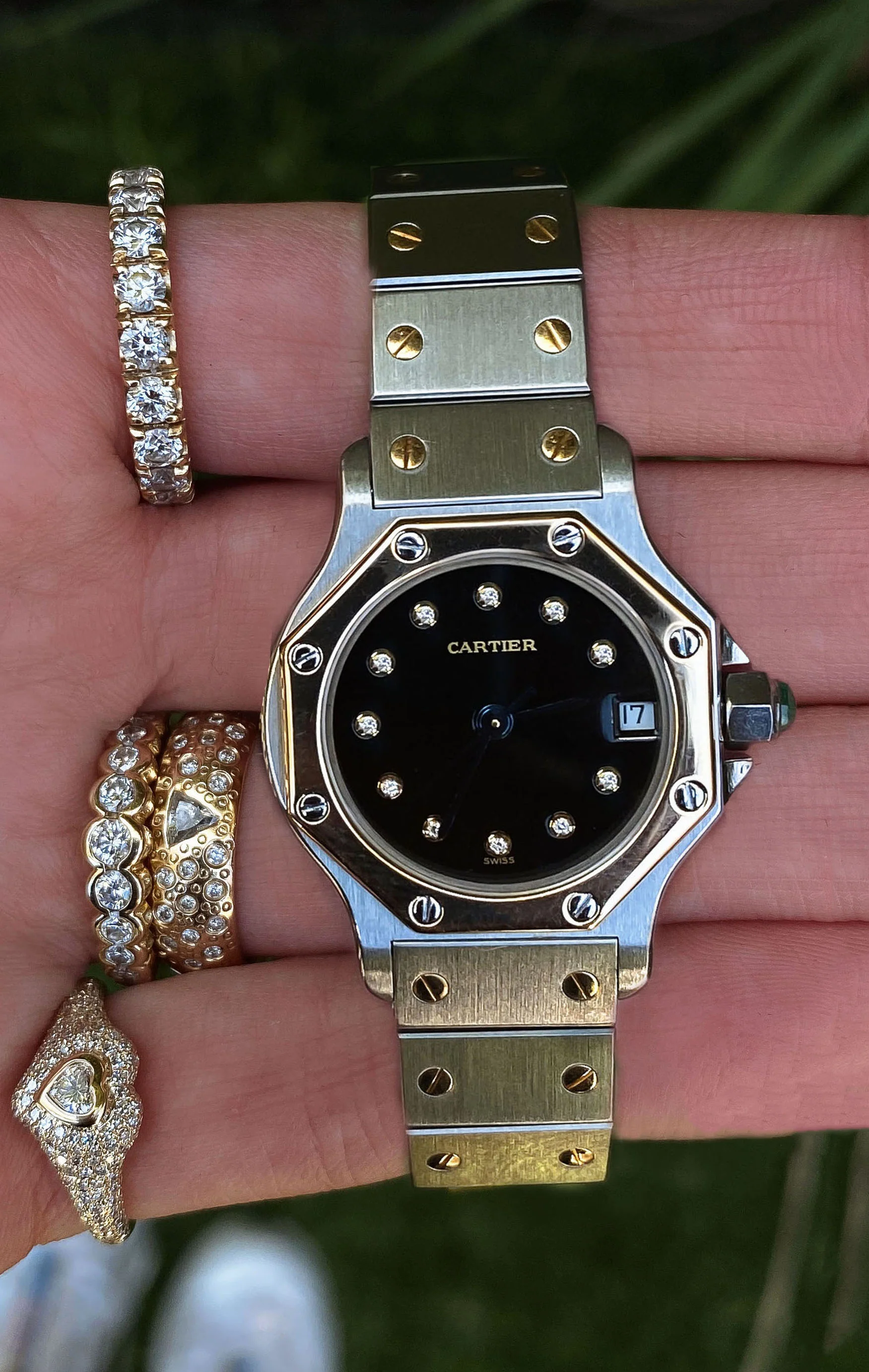 Vintage Cartier Santos Octagon 24mm Two Tone Diamond Starry Night Watch - Image 3